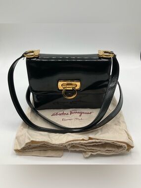Salvatore Ferragamo Black Patent Leather Gancini Mini Shoulder Bag Purse